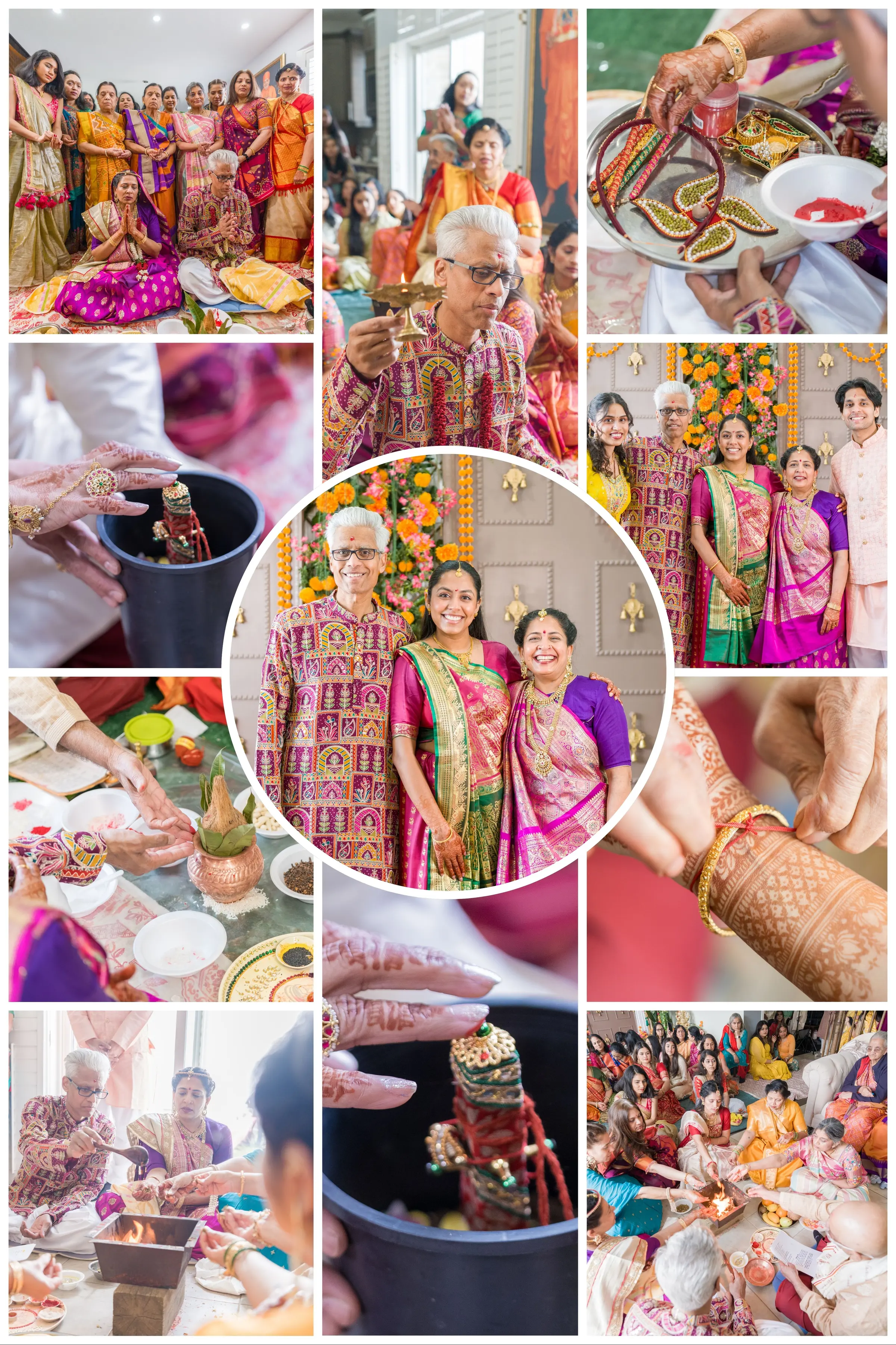 A designed album spread from a celebration photographed by Divyesh Dobariya.